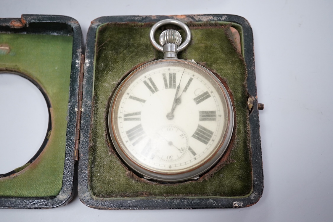 Two George V silver mounted travelling watch cases, both Birmingham, 1921, both containing chrome cased pocket watches. largest case 11.4cm.